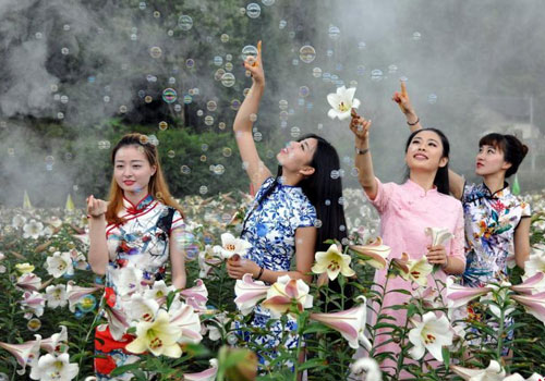 旗袍美女花丛中争艳